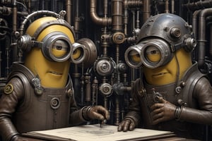 a drawing of minions, a detailed drawing, by featured on deviantart, academic art, full details anatomy poster, industrial design blueprint, restored colors, saint petersburg, steam-punk ,oil paint,v0ng44g,cyberpunk style