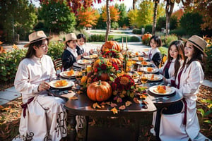 Fall table decoration with pumpkins, wine. Family thanksgiving dinner arrangement outdoors in the garden. Countryside style, simple handmade setting, (autumn mood)