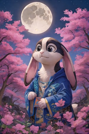 The moon, a rabbit, stand under a sakura tree, painting dreams on the night sky,  hillside, Cubism, side lit, Selective focus, Kodachrome, gilded technique, Batik, sophisticated composition, artistic, detailed, sharp, very coherent, calm, complimentary colors,cat,glass art,Xxmix_Catecat,Penguin ,CuteCartoonAF
