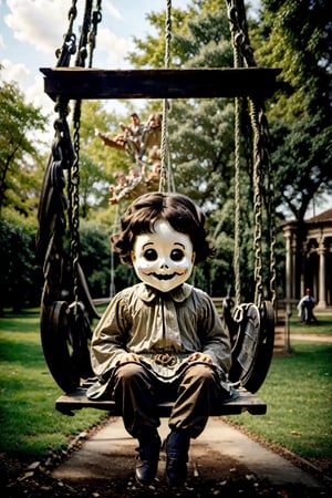 A child ghost with a creepy smile sitting on a swing in a decayed park.  8k,  real photo,Masterpiece),leonardo,style,photorealistic