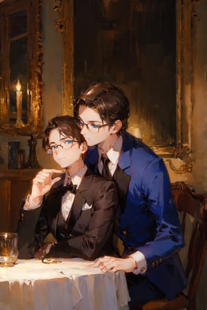 Two butlers wearing glasses, facing the camera in a modern, cozy room. The butler on the left has long black hair and is pointing towards the camera with a gloved hand, while the butler on the right has shorter brown hair and a calm expression. They are dressed in formal black suits with white accents. The background features a bookshelf, a stylish lamp. The lighting is warm and creates a welcoming atmosphere,hug,blue eyes,1boy,1girl,Oil Painting