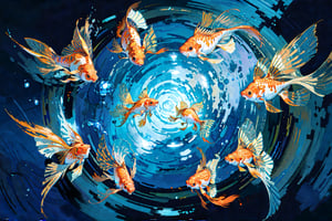 Image illustration of goldfish and ripples seen from above, water colour style,soft light colour