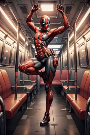 inside underground train,deadpool cross-legged on the pole,pole dance, sexy pose,full body photo background backlight effect style,inside a underground train,Super detailed, photorealistic, Cycles render, 4k ,Extremely Realistic,DeadpoolStyle, male,bellydancer