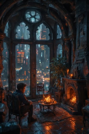 sitting, indoors, Old Castle Room, no humans, Rain outside window, chair, table, plant, scenery, couch, candle, warm soft light, real photo,Fireplace,warm colour