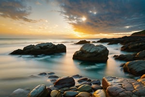 Beautiful seascape with dramatic golden sky over the sea,natural rocks and reflection at snset time in the summer.Long time exposure.