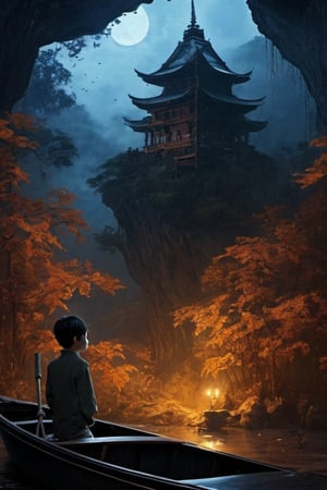 dark fantasy art style sharp details, old Forest in background, Rainy autumn night,  1boy on a boat in the lake,ornate, beautiful, atmosphere,  vibe, flowers, concept art illustration,volumetric lighting,  golden ratio, perfect composition, a masterpiece, trending on artstation, scenery, rustic, verdant, brown theme,  over saturated, epic realistic, hdr, intricate details, rutkowski, intricate, cinematic, detailed,EpicArt,DarkToon,japanese art,360 View