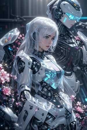Dark aesthetic,  (tiny cute translucent polycarbonate sci-fi robots), polycarbonate plastic frame, stunning unreal engine render, intricate details,( robot girl), Oil Painting
