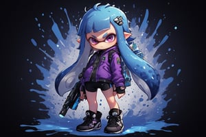 Alcohol Ink style,masterpiece, 1girl,looking at viewer,holding,glitter_force,blue hair,standing,jacket,weapon,shoes,shorts,pointy ears,artist name,miniskirt,blunt bangs,twitter username,holding weapon,open jacket,black shirt,short shorts,black shorts,crown,bike shorts,sneakers,cross-laced footwear,tentacle hair,purple jacket,shorts under skirt,light frown,paint splatter,single vertical stripe,ink tank (splatoon),inkling,inkling girl,intricate details,v0ng44g,ULTIMATE LOGO MAKER [XL]