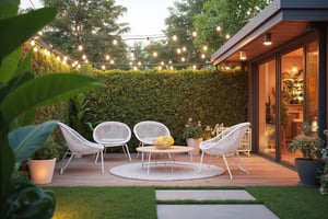 Modern contemporary style small wooden terrace in lush garden with house interior background 3d render, there are green wall fence decorated with white outdoor furniture and string light