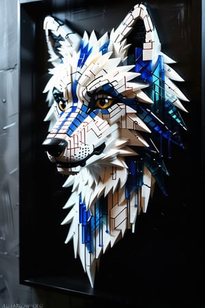 glass art, glass style,(best quality, masterpiece:1), furry male anthro legoshi wolf, solo, portrait,from side,blind folded,Dark , 