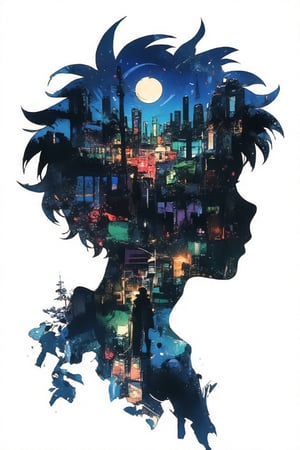 Silhouette of a boy in a scenery of night japan city landsape, fantastic scenery of another world, close-up, double exposure, white background, vibrant colors, Studio Ghibli, StdGBRedmAF, lineart