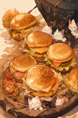 ((((cats huddled together inside 1hamburger)))), watercolor sketch ,cat