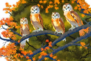 Autumn in nature with owls. Ural Owls, Strix uralensis, sitting on tree branch with orange leaves in oak forest, Norway. Wildlife scene from nature.beautiful photo of a great horned owls in natural envionment