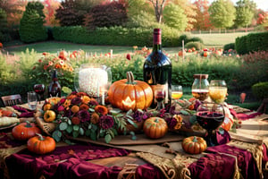 Fall table decoration with pumpkins, wine. Family thanksgiving dinner arrangement outdoors in the garden. Countryside style, simple handmade setting, (autumn mood)