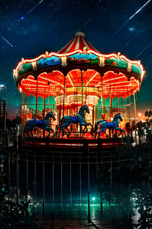 a carousel in sunset, beautiful sky, The seats are traditionally in the form of rows of wooden horses or other animals mounted on the edge of the rotating platform. the carousel is depicted with a variety of animal figures, illuminated by lights, and set against a night sky sprinkled with stars. The reflection on the water's surface suggests that the carousel is located near a body of water. The overall impression is one of whimsy and enchantment