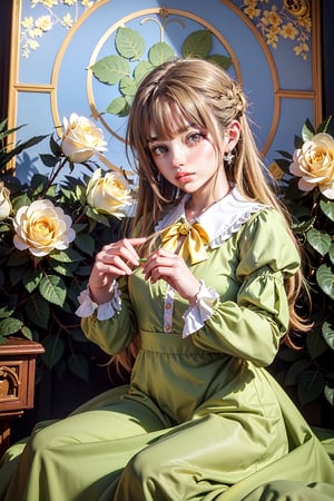 masterpiece, best quality, 8K , Extreme Detailed background, Beautiful and Aesthetic, outdoors, (rose garden), scenery ,soft light ,1girl,( 12 year-old), solo, long hair, looking at viewer, bangs, blue eyes, ((golden hair)), long sleeves, dress, bow, closed mouth,  cowboy shot, frills, bowtie, rose, blue bow, frilled dress, (green dress), yellow flower, blue bowtie, smile, yellow rose, mary \(ib\),oil paint, (( art nouveau by Alphonse Mucha style))