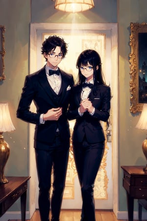 Two butlers wearing glasses, facing the camera in a modern, cozy room. The butler on the left has long black hair and is pointing towards the camera with a gloved hand, while the butler on the right has shorter brown hair and a calm expression. They are dressed in formal black suits with white accents. The background features a bookshelf, a stylish lamp. The lighting is warm and creates a welcoming atmosphere,hug,blue eyes,1boy,1girl,Oil Painting