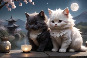 (1 cute white kitty and 1 cute black kitty enjoying moon-viewing during the Heian period in Japan.) They are seated by a veranda, gazing at the full moon with small cups of japanese rice wine. detail face,(Scenic night sky, serene pond reflecting the moon, and cherry blossoms.  8k, soft light, real photo,Masterpiece),more detail XL