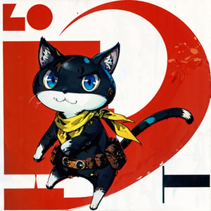 solo,blue eyes,comic background, closed mouth, 1tail, full body, belt, scarf, neckerchief,furry, cat, red background, pouch, black cat, animal focus, yellow scarf, morgana ,persona 5