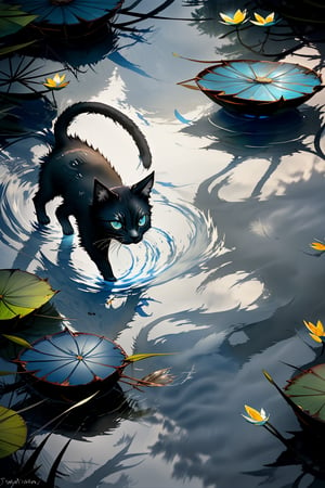  water, no humans, animal, 1cat, solo, walking on water, looking at it's reflection, black cat, animal focus, ripples,(water colour style),raining, blue tone, raining, soft light, view from top,water lily,flowers