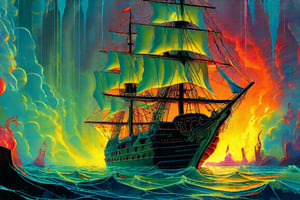 REALISTIC, underwater scene, a thin drop of fluorescent yellow paint drips into the calm water, like a thin mist gradually dispersing and flowing skillfully to form a transparent silhouette of a medieval sailing ship. The momentary scene has a sense of depth.