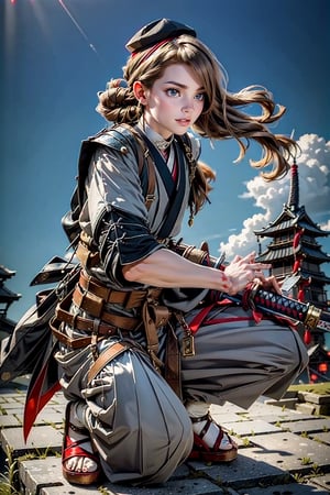 side view, masterpiece, best quality, ultra realistic illustration, 16K, (HDR), high resolution, 1boy_solo, 12-year-old,(light smile:1.0), (evil smile:1.0),slender hot body proportion,  kawai ,samurai , holding short sword ta_nto, katana, sheath, (wearing highly detailed japanese clothes , armor, tokin hat), full-body shot, (gray long hair:1.0),hair over one eye, (red eyes:1.0), highly detailed background of cyper punk city, add More Detail,Enhance,((dramatic lights)),super vista, (super wide Angle), HD, cinematic lighting effects,battoujutsu, squatting, one knee