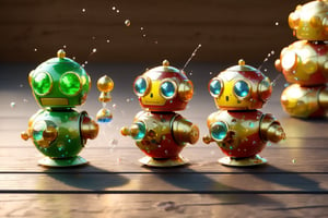 fantasy world of tiny robots carrying water droplets on a wooden table. In the style of miki asai,3d, maya