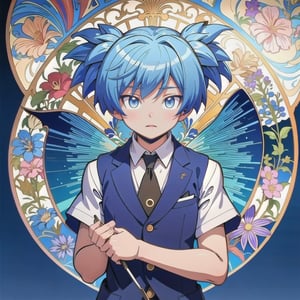 masterpiece, best quality, 8K , Extreme Detailed background, Beautiful and Aesthetic, Masterpiece, perfect anatomy, vintage, concept art, (best illustration), (best shadow), Analog Color Theme, vivid colours, contrast, smooth, sharp focus, scenery, 
1boy,14-year-old, solo, Shiota Nagisa,blue hair, blue eyes, short twintails, school uniform, shirt, necktie, vest, ((art nouveau by Alphonse Mucha style)),oil paint,1boy