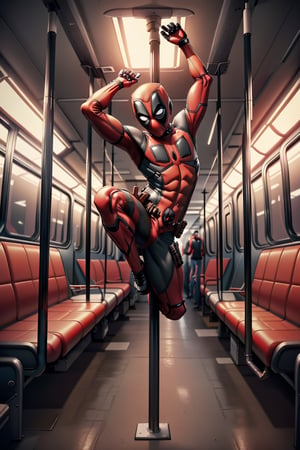 inside underground train,deadpool cross-legged on the pole,((pole dance)), sexy pose,full body photo background backlight effect style,inside a underground train,Super detailed, photorealistic, Cycles render, 4k ,Extremely Realistic,DeadpoolStyle, male,bellydancer,other passengers glare at deadpool