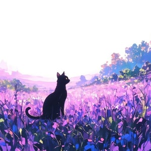 Silhouette of a cat in a scenery of violet lavender flower field, fantastic scenery of another world,full_body, double exposure, white background, vibrant colors, Studio Ghibli, StdGBRedmAF, lineart