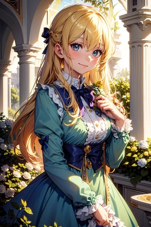 masterpiece, best quality, 8K , Extreme Detailed background, Beautiful and Aesthetic, outdoors, (rose garden), scenery,8k,soft light ,1girl, 12 year-old, solo, long hair, looking at viewer, bangs, blue eyes, (golden hair), long sleeves, dress, bow, closed mouth,  cowboy shot, frills, bowtie, rose, blue bow, frilled dress, (green dress), yellow flower, blue bowtie, smile, yellow rose, mary \(ib\),oil paint, (( art nouveau by Alphonse Mucha style)),chibi