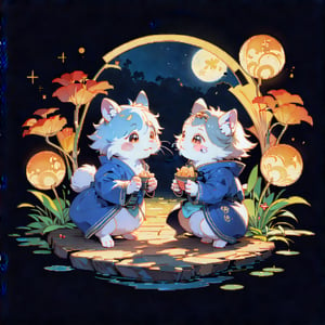 Mid-Autumn Festival ,in the style of water colour, illustration of cute rabbits admiring the moon and eating delicious mooncakes under an maple tree. Chinese translation: Moon Festival.