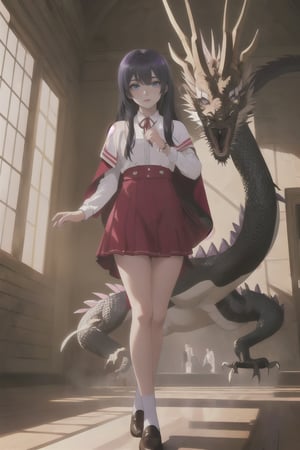 yumiella, 1girl, long_hair, bangs, black_hair, hair_between_eyes, closed_mouth, school_uniform, purple_eyes, white_shirt, collared_shirt,shiny_hair, red_ribbon, dress_shirt, neck_ribbon, capelet,  expressionless beside her  (black dragon ), depicted in illustration with a style akin to the works of Brom, capturing the dark and fantastical elements of the scene. Moody color scheme with deep shadows, illuminated by ethereal lighting, evoking a sense of danger and allure. 300 DPI, HD, 8K, Best Perspective, Best Lighting, Best Composition, Good Posture, High Resolution, High Quality, 4K Render, Highly Denoised, Clear distinction between object and body parts, Masterpiece, Beautiful face, Beautiful body,  glistening skin, highly detailed background, highly detailed clothes, highly detailed face, beautiful eyes, beautiful lips, cute, beautiful scenery, gorgeous, beautiful clothes, best lighting, cinematic , great colors, great lighting, masterpiece, Good body posture, proper posture, correct hands, correct fingers, right number of fingers, clear image, face expression should be good, clear face expression, correct face , correct face expression, better hand position, realistic hand position, realistic leg position, perfect posture of legs, beautiful legs, perfectly shaped leg, perfect leg position