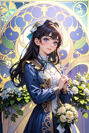 masterpiece, best quality, 8K , Extreme Detailed background, Beautiful and Aesthetic, outdoors, (rose garden), scenery,8k,soft light ,1girl, ((12 year-old)), solo, long hair, looking at viewer, bangs, blue eyes, ((golden hair)), long sleeves, dress, bow, closed mouth,  cowboy shot, frills, bowtie, rose, blue bow, frilled dress, (green dress), yellow flower, blue bowtie, smile, yellow rose, mary \(ib\), (( art nouveau by Alphonse Mucha style)),photorealistic,anime