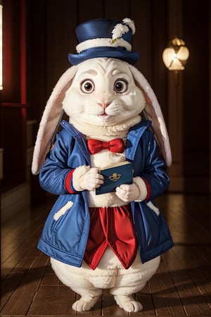 (masterpiece), (best quality), (best lighting),white (bunny), solo,long rabbit ear, red eyes,  1rabbit, emul, blue jacket, red dress ,mini (black hat) , happy,holding a book,no_human,1bunny,furry,full short,Masterpiece