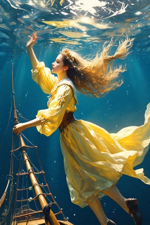 REALISTIC, underwater scene, a thin drop of fluorescent yellow paint drips into the calm water, like a thin mist gradually dispersing and flowing skillfully to form a transparent silhouette of a medieval sailing ship. The momentary scene has a sense of depth.no human