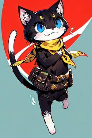 solo,blue eyes,comic background, closed mouth,( 1tail), full body, belt, scarf, neckerchief,furry, cat, red background, pouch, black fur,white fur, animal focus, yellow scarf, morgana ,persona 5 ,jumping,smile, :3,firefliesfireflies,aw0k cat,cat