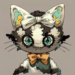 solo, looking at viewer, simple background, bow, 4green eyes, upper body, bowtie, grey background, no humans, cat, white bow, :), colored sclera, (black cat), white bowtie, yellow sclera, whiskers, black fur,horror