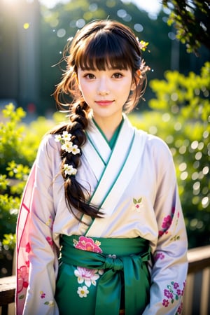 1girl, solo, long hair, looking at viewer, blush, bangs, pink and green hair, green eyes, closed mouth, full  body, braid, flower, japanese clothes, kimono, bird, animal, leaf, floral print, plant, white flower,8k ,soft light,natural light,Warm sunlight,perfect hand, night sky, smile,Highly detailed, High Quality, Masterpiece, beautiful,outdoor