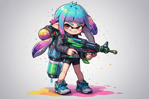 Alcohol Ink style,masterpiece, 1girl,rainbow hair,holding,glitter_force,standing,jacket,weapon,shoes,shorts,pointy ears,artist name,miniskirt,blunt bangs,twitter username,holding weapon, shirt,short shorts,bike shorts,sneakers,cross-laced footwear,tentacle hair,jacket,shorts under skirt,light frown,paint splatter,single vertical stripe,ink tank (splatoon),inkling,inkling girl,intricate details,(light smile:1.1), (evil smile:1.0),(((dynamic poses)))