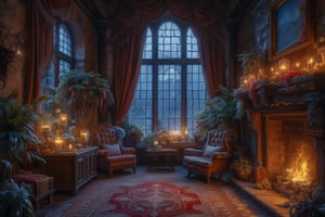 sitting, indoors,Cozy Old Castle Room, no humans, Rain outside window, chair, table, plant, scenery, couch, candle, warm soft light, real photo,Fireplace,warm colour