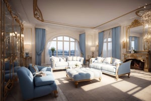 living room HomeAdvisor,neoclassical style, soft light,mild and undramatic blue colors,A plain palate emphasized the stoic, superior sense of form that the Neoclassical embodied,fireplace, lamps, window with beautiful view,8k,real photo,3d_render,leonardo,A-Class