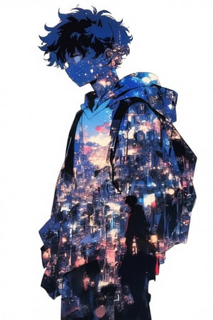 Silhouette of a boy in a scenery of night japan city landsape, fantastic scenery of another world, close-up, double exposure, white background, vibrant colors, Studio Ghibli, StdGBRedmAF, lineart