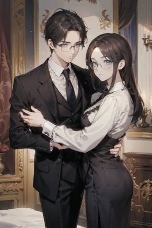 Two butlers wearing glasses, facing the camera in a modern, cozy room. The butler on the left has long black hair and is pointing towards the camera with a gloved hand, while the butler on the right has shorter brown hair and a calm expression. They are dressed in formal black suits with white accents. The background features a bookshelf, a stylish lamp. The lighting is warm and creates a welcoming atmosphere,hug,blue eyes,1boy,1girl,1guy