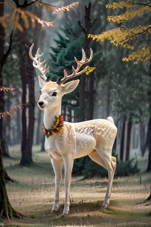 Stunning image of white deer stag in foggy Autumn colorful forest landscape image, real photo , 8k