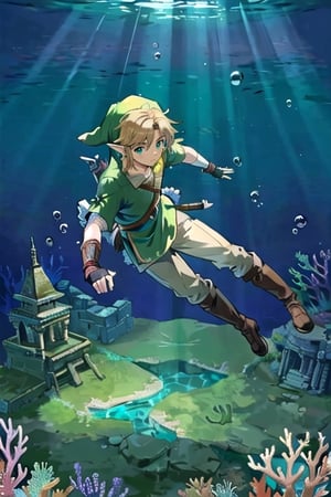 Link, handsome  white boy from the legendary video game The Legend of Zelda,  he is diving underwater. light brown trousers, brown boots, short hair, pointy ears,  green shirt, puffy sleeves, short sleeves, fingerless gloves, black gloves.The setting is a light, clear underwater, full of soft sunlight,top view picture, fish, corals,air bubble from his mouth, aancient ruins far away
, Toon_Link_Zelda,link,penerec,the legend of zelda,yoimiyadef,tunic,hat