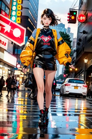 outdoors, raining, night, ground vehicle, building, scenery, reflection, city, sign, road, lamppost, street, city lights, lights, neon lights, crosswalk, cyber punk,(full body shot), (caucasian face),1 beauty, dancing,black hair,wearing gloves, long sleeves ,bfootwear,  shorts, socks, jacket, growing yellow pattern on sleeves,  choker,(super wide Angle), HD, (head looking down at the audience), (light smile:1.1), (evil smile:1.0), shot with tension, Visual impact, giving the poster a dynamic and visually striking appearance:1.8), Realism, photorealistic,realistic textures,mecha,WaveMiu
