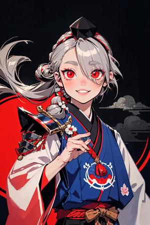 solo, smile, ((red eyes)), (glowing eyes), 1boy, very long hair, weapon,  gray hair, male focus, (japanese clothes),( sword, armor,) hair over one eye, katana, sheath, (tokin hat), short sword, tantou, stole, chinstrap,kawai,japanese pop art,portrait,dark_background, rgbcolor