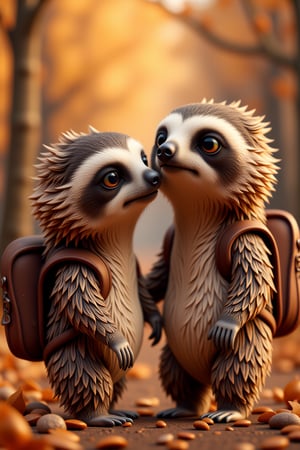 baby sloth with backpacks are standing next to each other, in the style of daz3d, isaac cordal, studyblr, soft, romantic scenes, rinpa school, doug hyde, warm tones