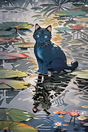  water, no humans, animal, 1cat, solo, walking on water, looking at it's reflection, black cat, animal focus, ripples,(water colour style),raining, blue tone, raining, soft light, view from top,water lily,